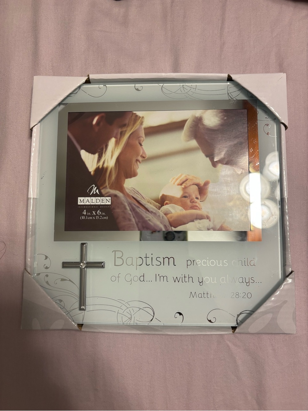Malden White Baptism Frame with Silver Cross Accent